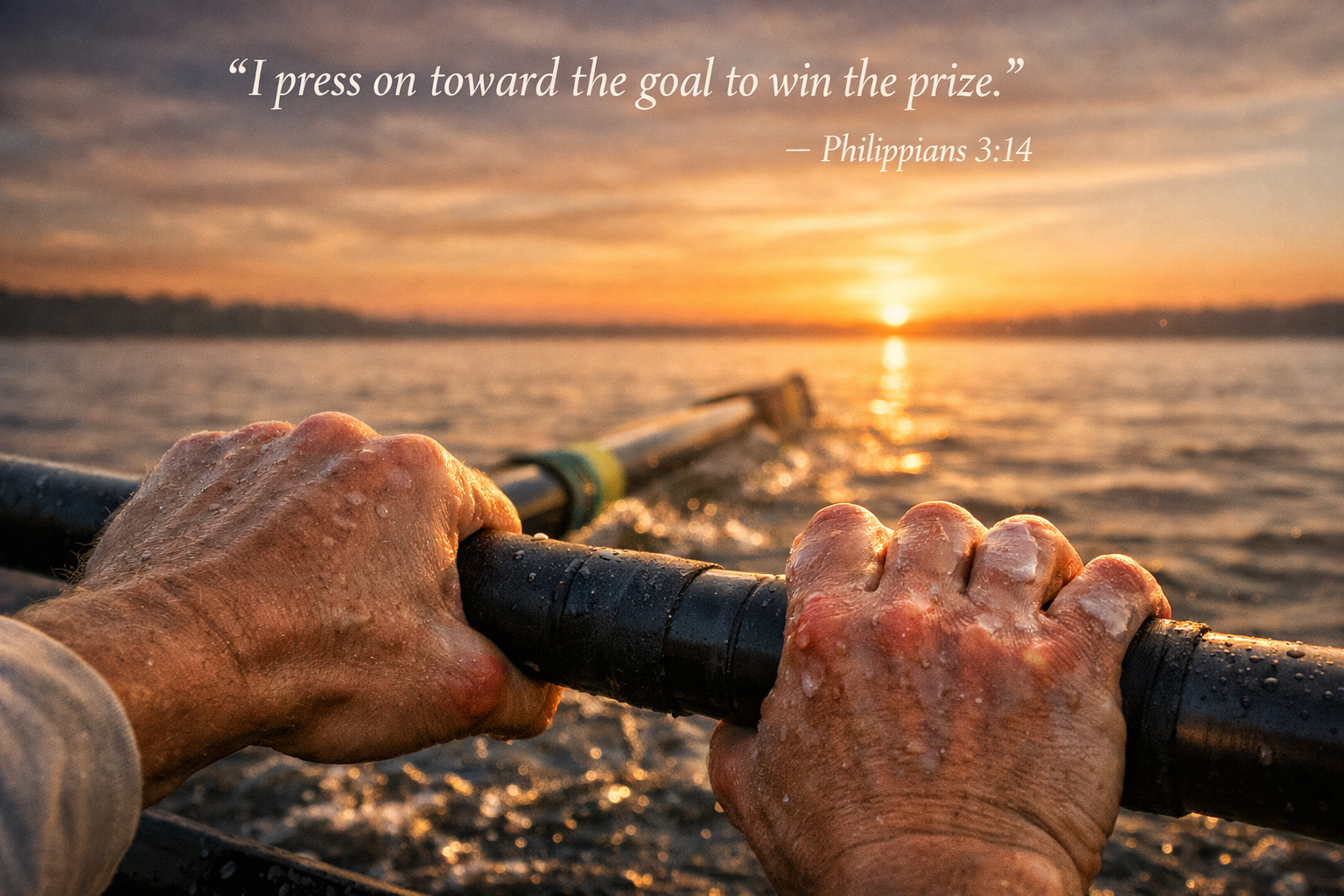 Rower hands gripping oars raw calloused blistered but not letting go, water behind horizon ahead, close-up of grip dawn on lake, text I press on toward the goal Philippians 3:14 -- HD wallpaper